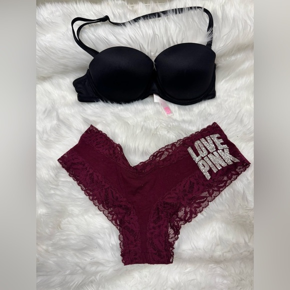 PINK Victoria's Secret Black Strapless and Burgundy Lace Intimates Set - Picture 1 of 11